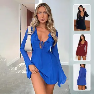 Sexy Ruffled V-neck Lace-up Long-sleeved Dress Fashion Y2K Skirt Slim