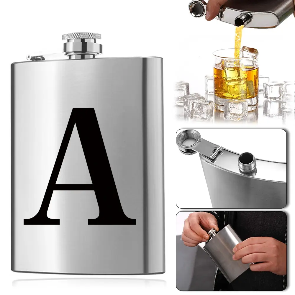8oz Stainless Steel Hip Flask | Thin Pocket-Sized Liquor Container with Screw Cap | Portable Camping Accessories Drinkware for Camping & Outdoor Activities | Black 26 Letters Pattern Options