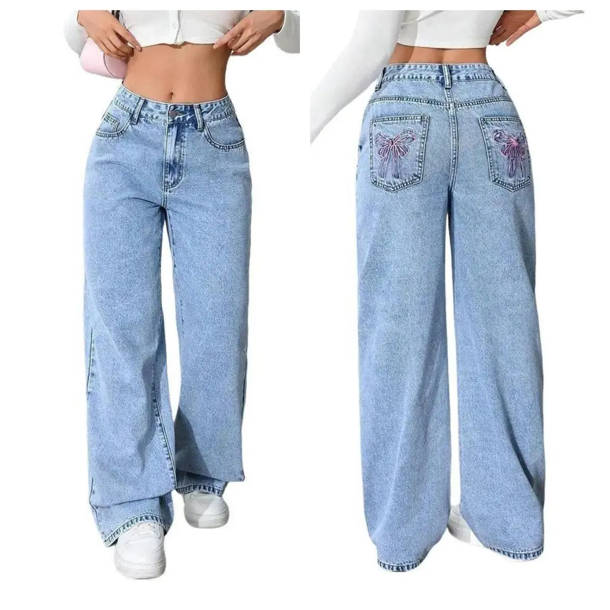 MNLYBABY Women's Wide-Leg Jeans with Loose Bow Embroidery, Stretch Waistband, and Cute Y2K Street Style