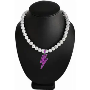 Iced Bling Disco Ball Rhinestone Crystal Bead Baseball Softball Necklace White Ice Purple Lightning