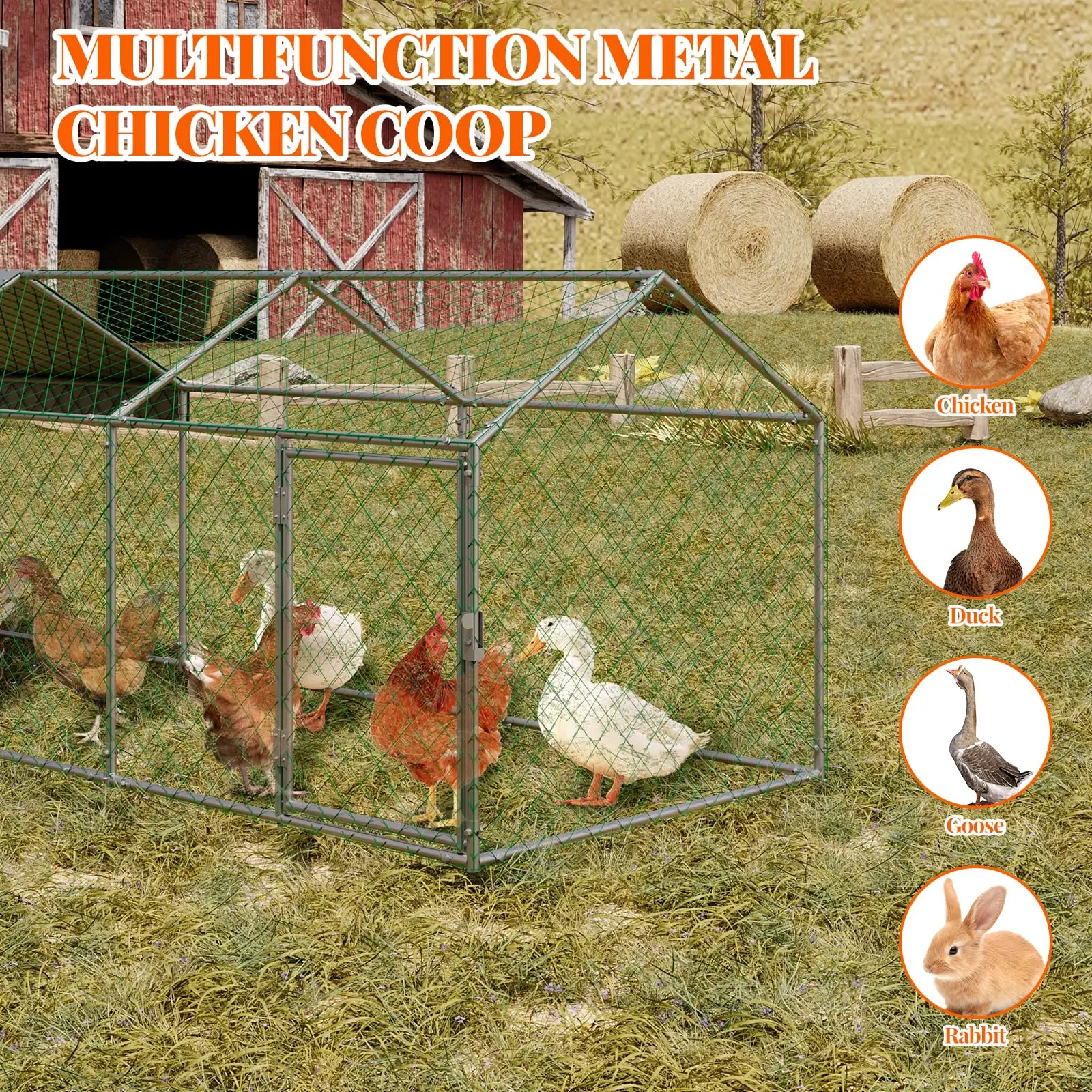 Garvee Walk-In Metal Chicken Coop Run, 120/160 x 40 x 40 in Outdoor Poultry Pen - Waterproof UV-Resistant Cover - 3-4 Door Access - Black/Silver