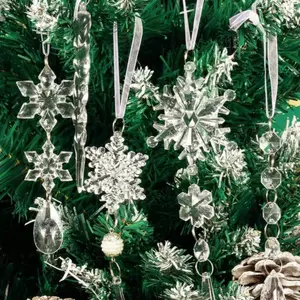 18 Crystal Ornaments for Christmas Decoration - Snowflake Design with Dangling Beads & Clear Accents