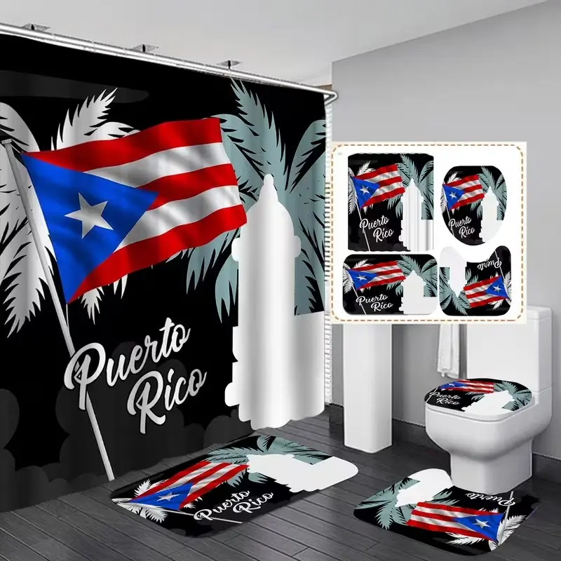 1/4 pcs Puerto Rican flag palm tree pattern waterproof shower curtain set, Decorative shower curtain, including toilet seat cover, rectangular mat and U-shaped mat, perfect for bathroom decoration, comes with 12 shower curtain hooks