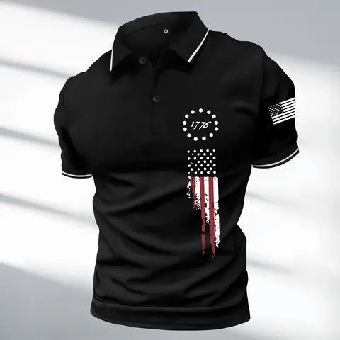 Men's Patriotic 1776 Flag Print Polo Shirt - H-Type, Round Neck, Button-Closure, Figure-Enhancing Fitted Casual Short Sleeve Menswear for Evening, Party Occasions