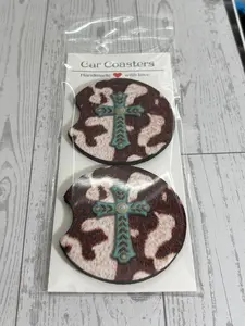Cow Print Cross Turquoise Car Neoprene Cup Holder Coaster Gift