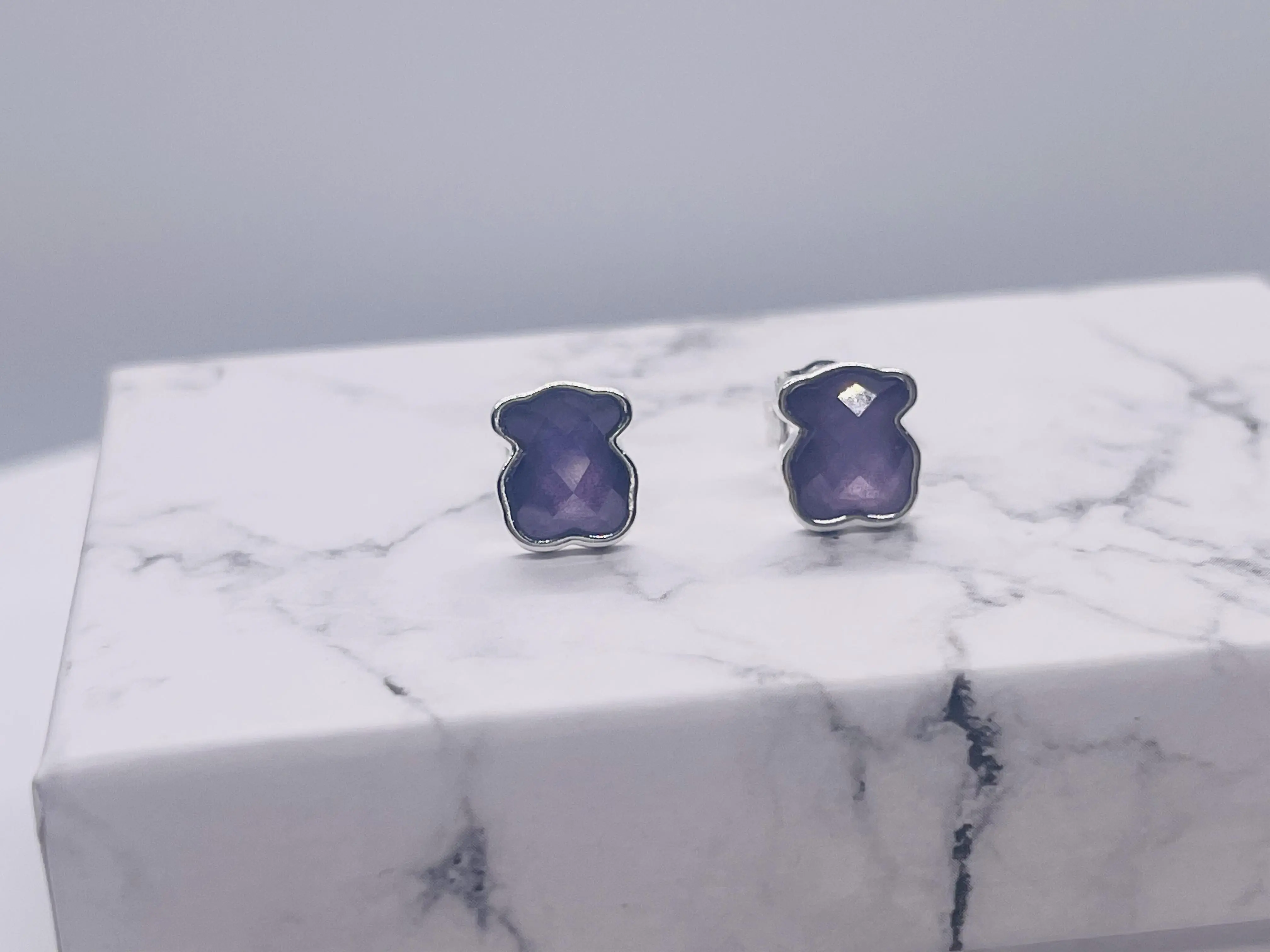 TOUS S925 Silver and Amethyst Cool Color Bear Earrings. 9MM