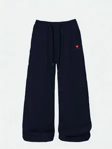 Men's Los Angeles Heart Embroidered Wide Leg Sweatpants with Pockets, Elastic Drawstring Waist Athleisure Lounge Pants for Casual Wear, Sports Bottoms