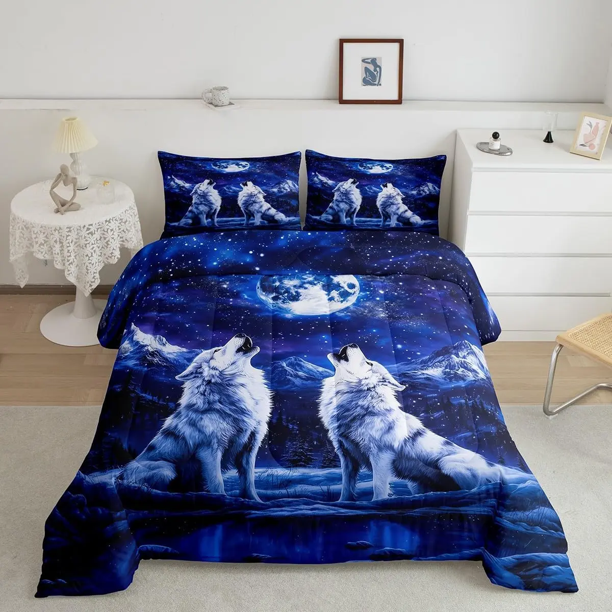 Wolf Comforter Set Wolves Howling Comforter Animal Wolves Bedding Set Mountain Moon Wolf Duvet Set Room Royal Blue Decor Quilt Set