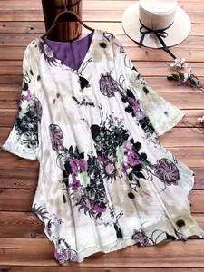 Plus Size V Neck Boho Chic Floral Pattern Asymmetrical Hem Fitted Blouse for All Seasons, Women's Fashion Top