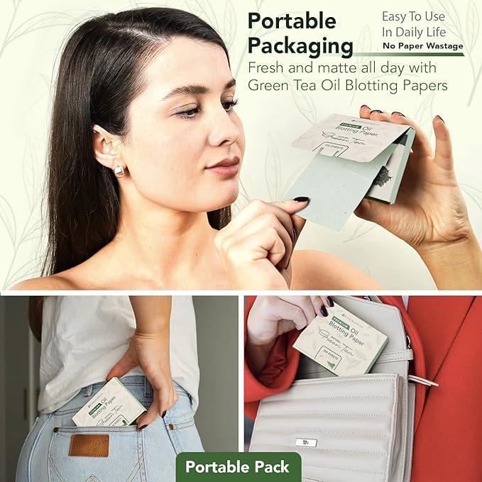Premium Natural Green Tea Oil Blotting Sheets for Face - 1x100 Sheets with Extra Large 5x3" Thick Blotting Paper for Oily Skin - Dispensable Portable Pack - Reduce Skin Acne - Makeup Friendly