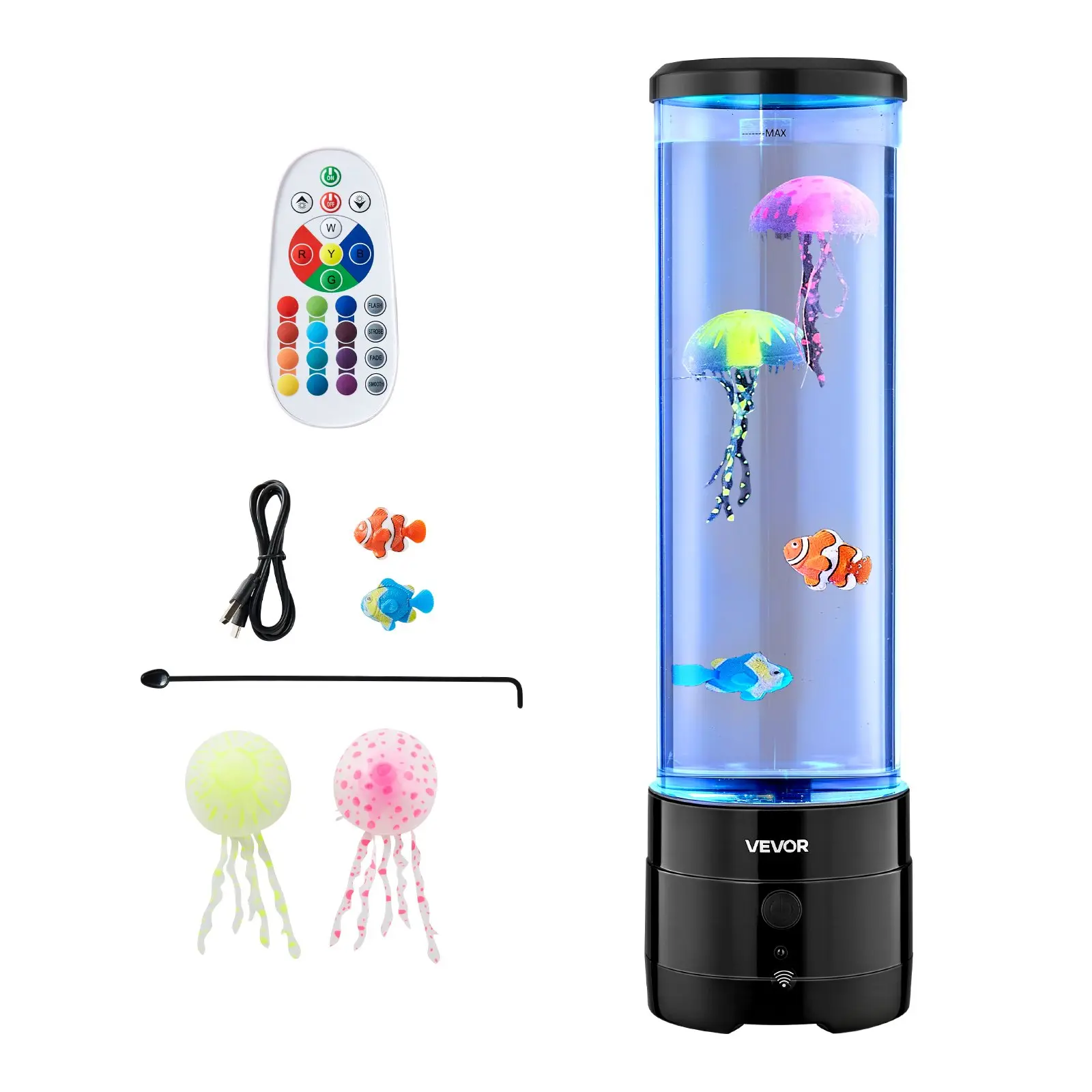 VEVOR Jellyfish Sensory Bubble Tube Lamp - 5W Color-Changing Sensory Lamp, Remote Control, Built-In Bluetooth Speaker, 20-25 dB White Noise, 1.32 lbs Fake Aquarium Night Light for Special Needs, Aquarium Lovers, Doctor's Clinics (Boosts Mood)