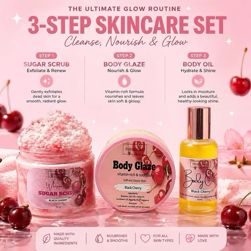 Black Cherry 3-Piece Glow Set | Sugar Scrub + Body Glaze + Body Oil