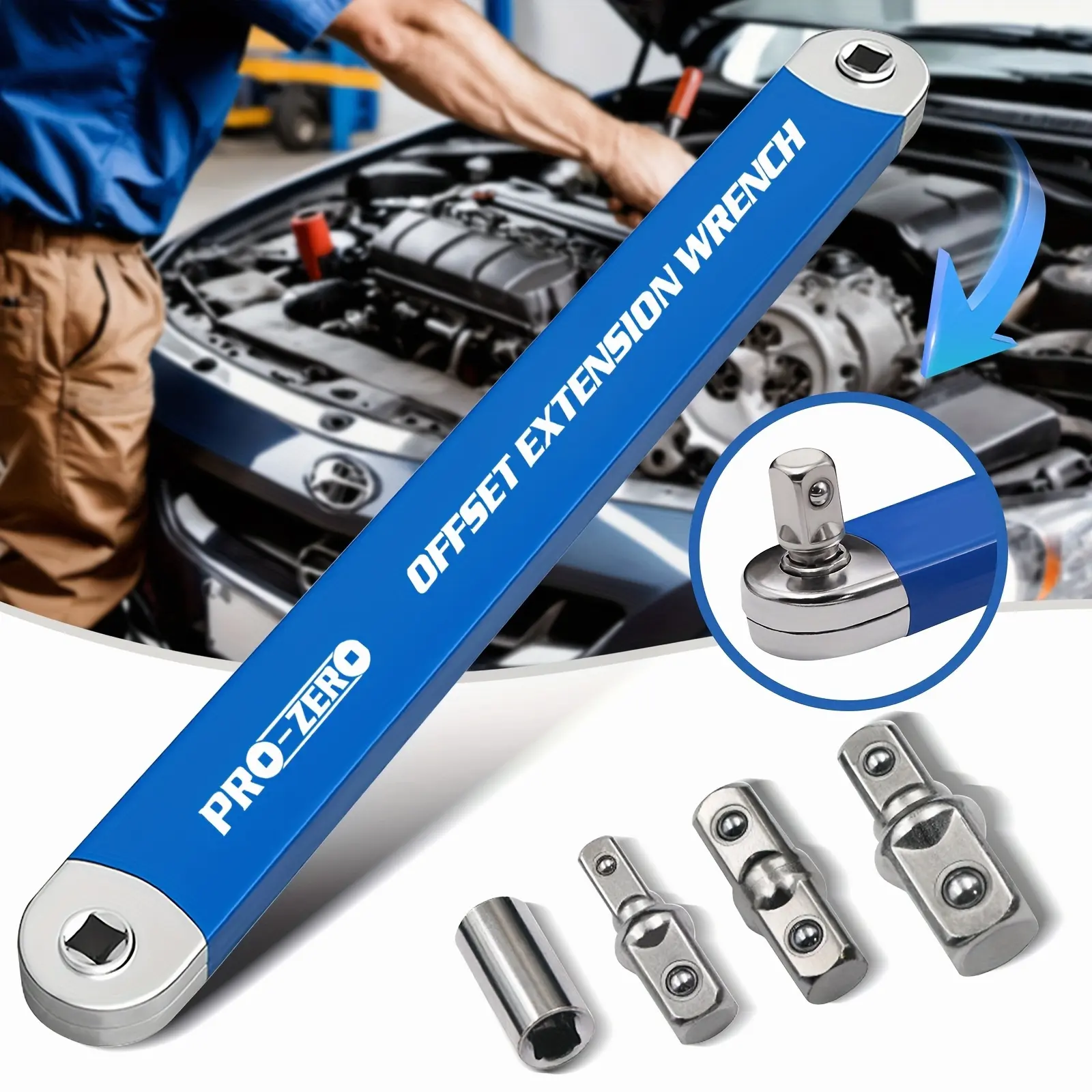 15-inch Heavy-Duty Iron Offset Extension Wrench Set, with 1/4", 3/8", 1/2" Square Drive Adapters, Non-Rotating Lever Ratchets, Professional-Grade for Automotive Maintenance & Tight Spaces, Inches, Diy Maintenance, Adapters Set