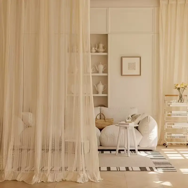 1pc French Bohemian Style Fringe Ruffle Sheer Curtain, Home Window Decoration, Bedroom Living Room Divider, Korean Design