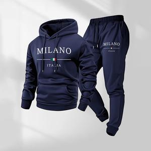 Men's Milano Letter Print Hoodie & Drawstring Sweatpants Set Long Sleeve Hooded Sweatshirt Jogger Outfit with Pockets Casual 2 Piece Fall Winter Streetwear Tracksuit Athletic Sportswear for Daily Indoor Outdoor Activities
