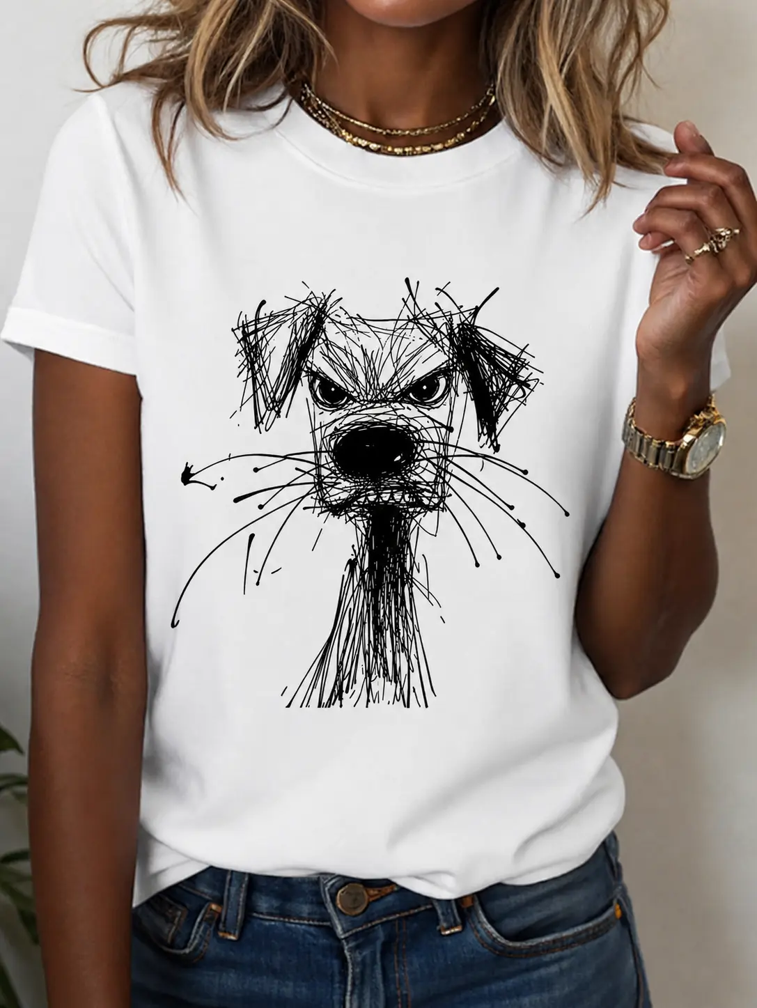 Women Men Casual Round Neck Puppy Doodle Print Short Sleeve T-Shirt, Versatile For Summer