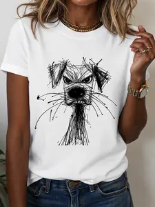Women Men Casual Round Neck Puppy Doodle Print Short Sleeve T-Shirt, Versatile For Summer