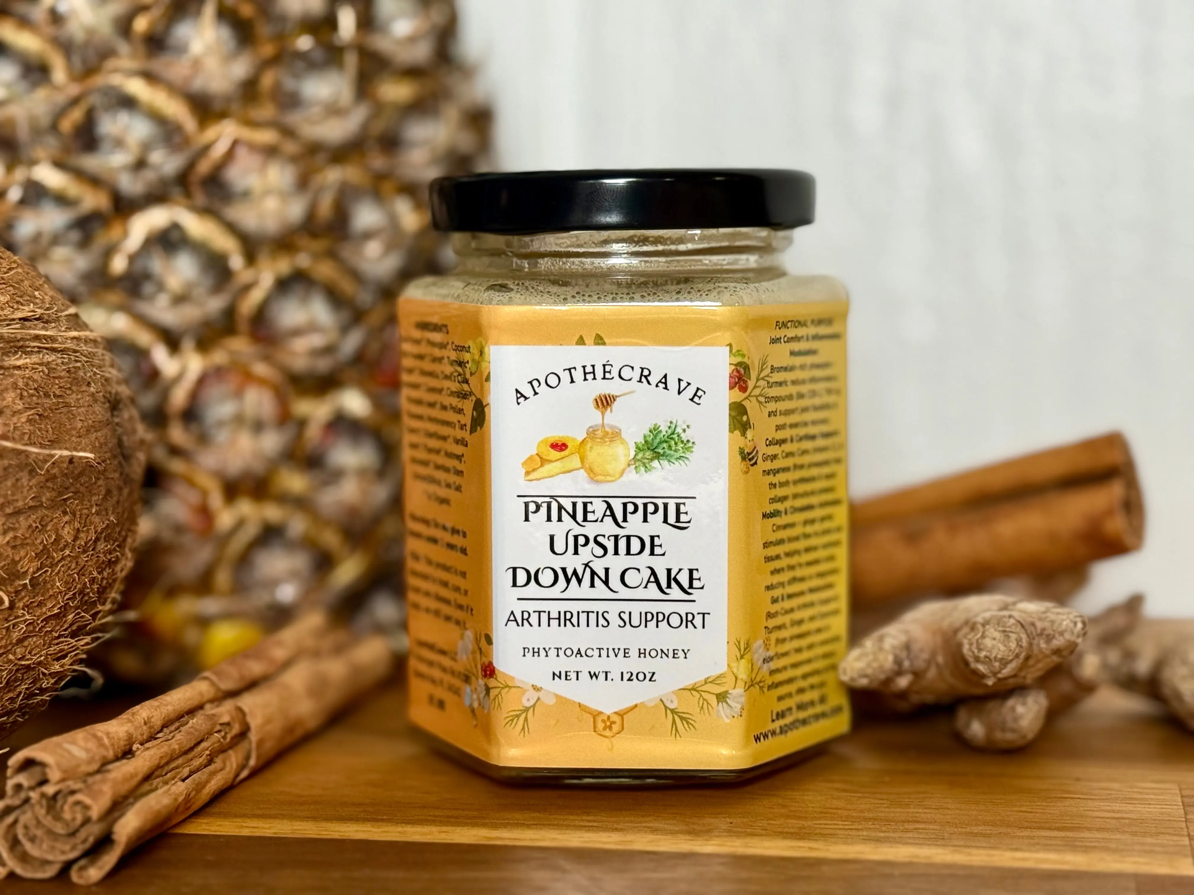 ApotheCrave Ginger-Sweet Raw Honey Mix - Pineapple Upside-Down Cake-Inspired Flavor, Coconut Collagen, Antioxidant-Rich Botanical Blend for Joint Support