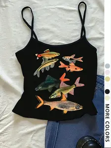 Women's Tight-Fit Cropped Tank Top, Sweet Spicy Sleeveless Design, Spaghetti Strap, Fish Print, Thin Fabric, Lightweight, Summer Fashion, Casual Wear