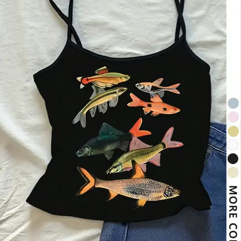 Women's Tight-Fit Cropped Tank Top, Sweet Spicy Sleeveless Design, Spaghetti Strap, Fish Print, Thin Fabric, Lightweight, Summer Fashion, Womenswear, Casual Wear, Elastic Tank Top, Breathable Tank Top, Casual Sleeveless Tops, Summer Tops Trendy