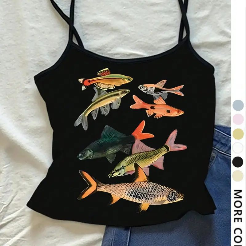 Women's Tight-Fit Cropped Tank Top, Sweet Spicy Sleeveless Design, Spaghetti Strap, Fish Print, Thin Fabric, Lightweight, Summer Fashion, Womenswear, Casual Wear, Elastic Tank Top, Breathable Tank Top, Casual Sleeveless Tops, Summer Tops Trendy
