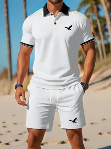 Men’s summer cotton short-sleeve polo shirt with eagle print, casual athletic set; stylish for vacations, camping, and outdoor activities; includes a pocketed top and elastic drawstring pants; two-piece set—great gift for boyfriend or husband Shortsleeve