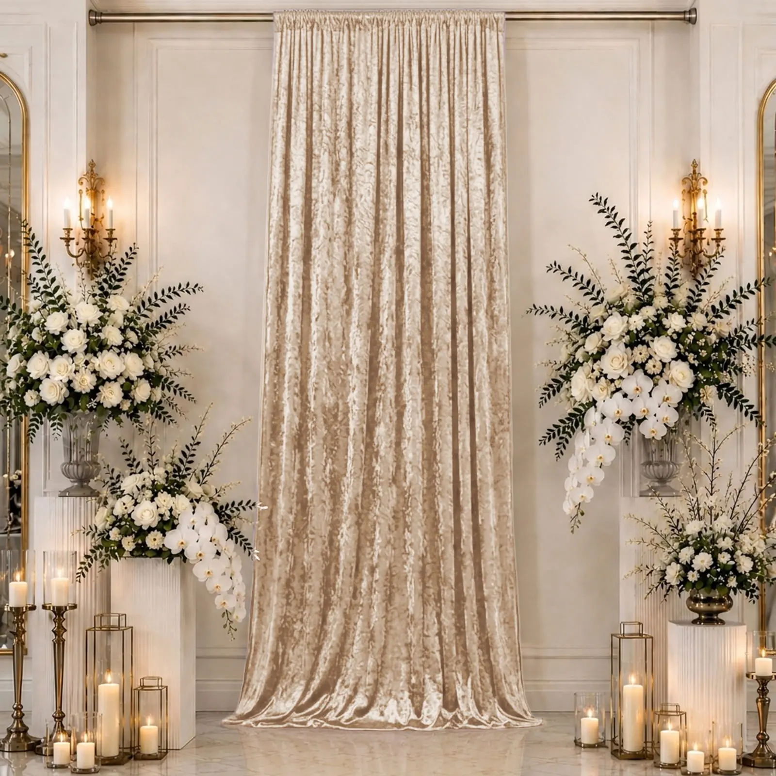 Beige Premium Crushed Velvet Backdrop Curtain 5ft x 16ft – Event Drape Panel & Ceiling Drapery with Rod Pocket, 70% Blackout