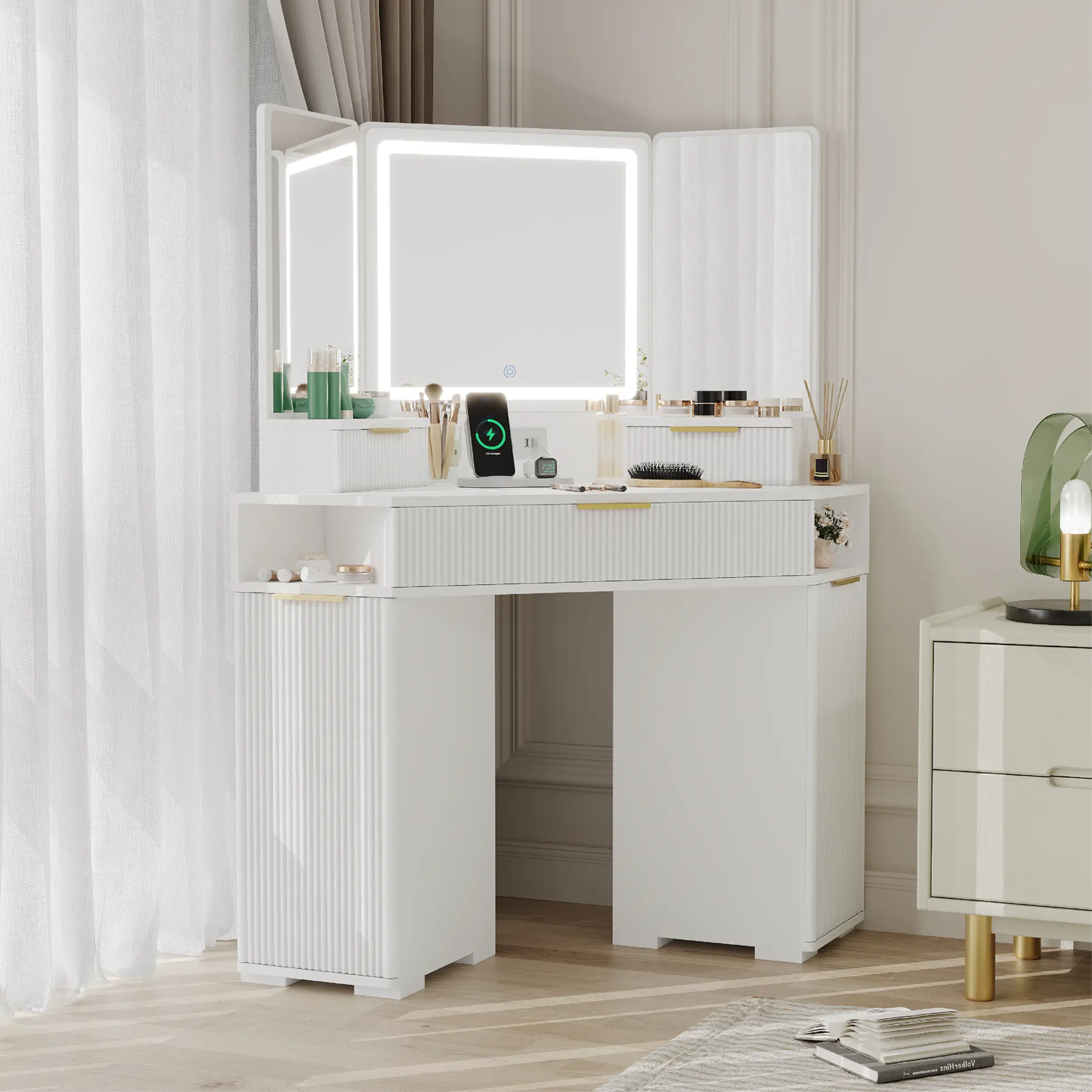Corner Vanity, Corner Vanity Desk with Mirror and Lights, Fluted Makeup Table with Charging Station, Drawers, Storage Cabinets - TikTok Shop Corner Vanity, Corner Vanity Desk with Mirror and Lights, Fluted Makeup Table with Charging Station, Drawers, Storage Cabinets - TikTok Shop