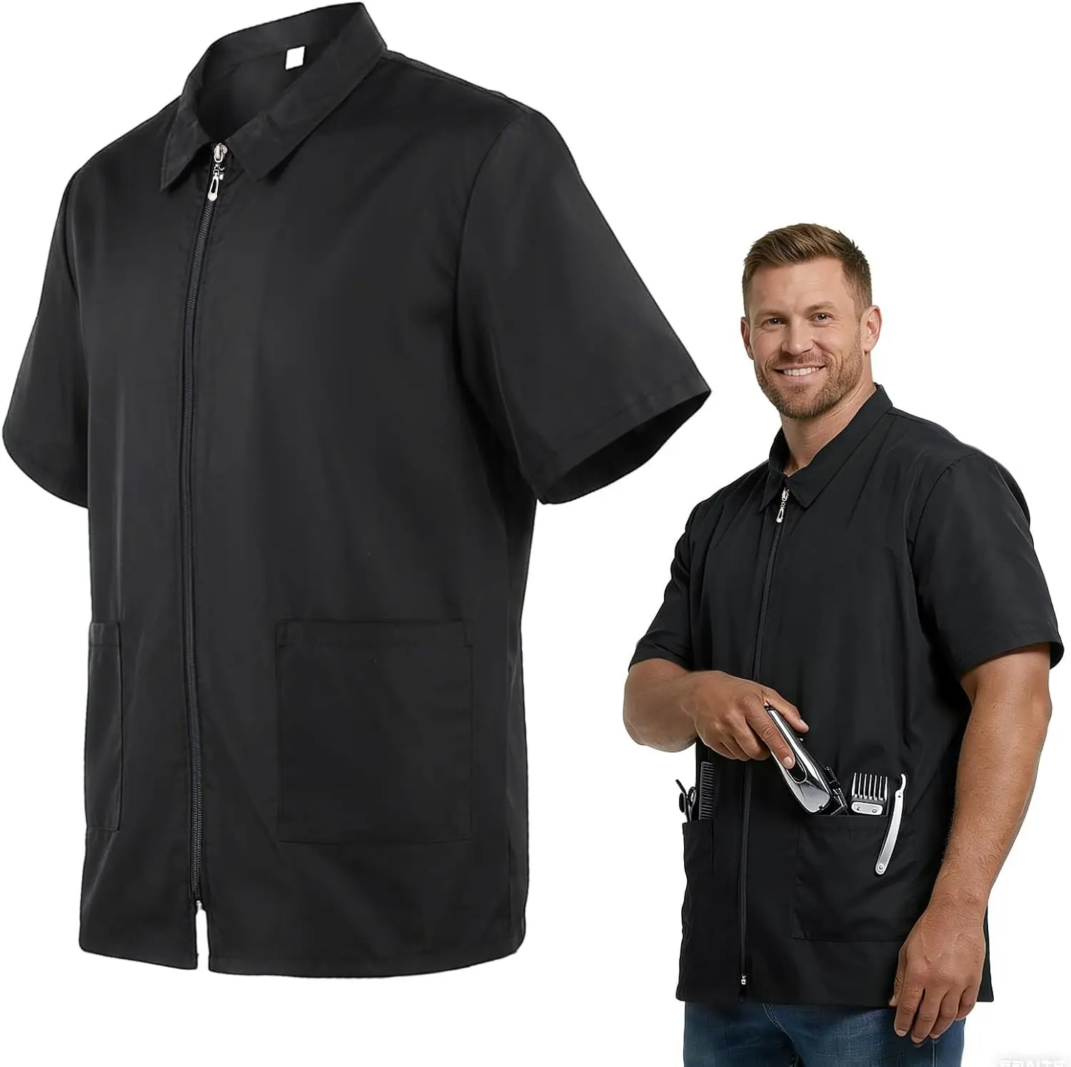 Barber Jackets for Men, Hair Repellent Hairdresser Smock w/2 Pockets, Zipper Closure Barber Vest for Salon(Gift)