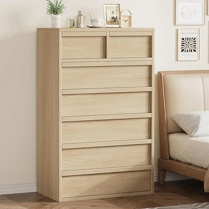 GARVEE 7-Drawer Wooden Dresser with Solid Base, 46" Tall Modern Organizer with Large Storage for Bedroom, Living Room - Natural