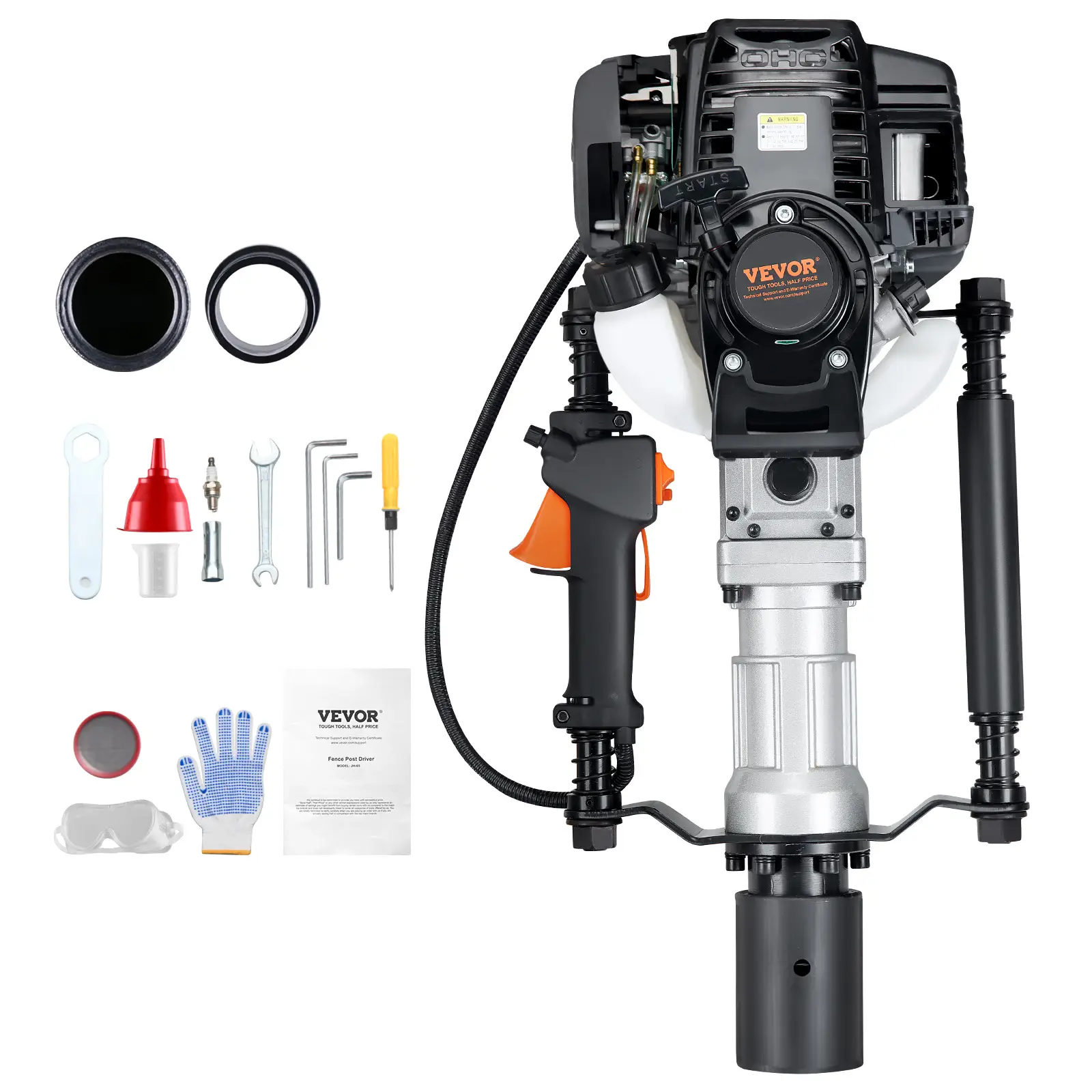 VEVOR 37.77cc Gas-Powered T Post Driver, 4-Stroke Engine Gasoline Fence Piling Pounder, with 2 Post Driving Head(55/70 mm) , 1000W Portable Piledriver