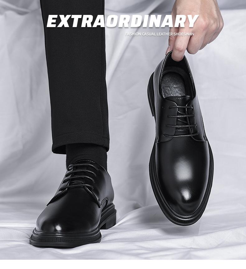 Men’s leather dress shoes for autumn, British style, low-cut black design suitable for commuting and business attire, pairs well with suits.