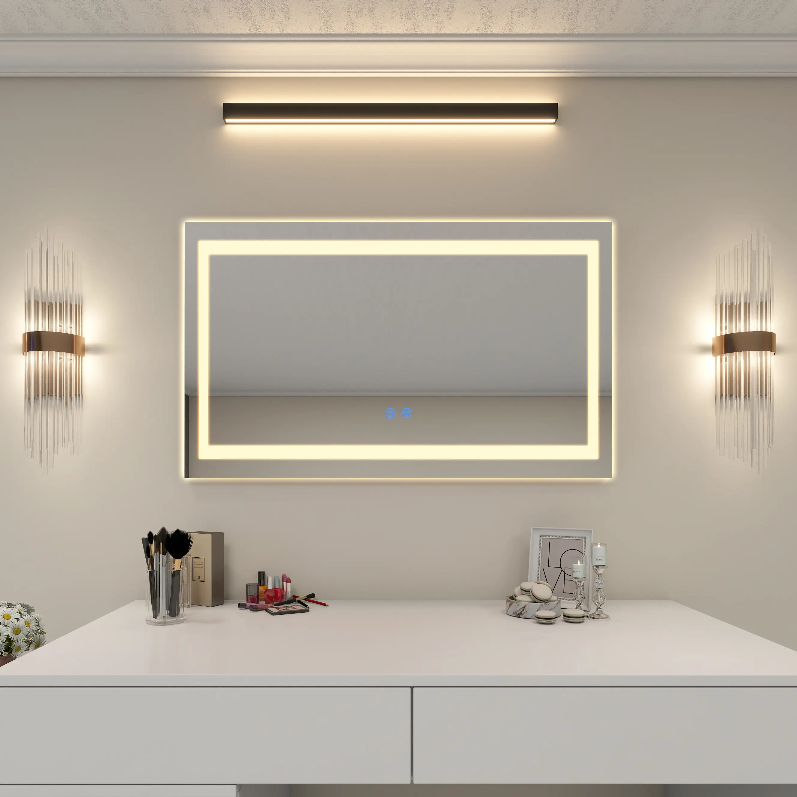 50Wx36H Inch Light Up Backlit Lighted Mirror - Dimmable, Anti-Fog, Shatterproof Modern Vanity Mirror with Lights for Home Bathroom Supplies, Light Up Mirror