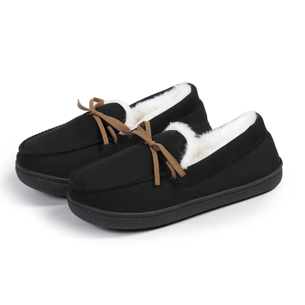 Women’s Classic Round Toe Loafer Slippers - Plush Lined Slip-On Shoes for Winter Home Warmth, Non-Slip Rubber Sole, Cute Bow Detail, Indoor-Outdoor Footwear (Pink, Gray, Black, Khaki)