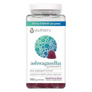 Youtheory Ashwagandha Gummies - 180 Mixed Berry Flavor Gummies with Organic KSM-66 & Ginger Extract for Energy & Stress Support - Low Sugar, Vegan, Soy-Free, Dietary Supplement Vitamin
