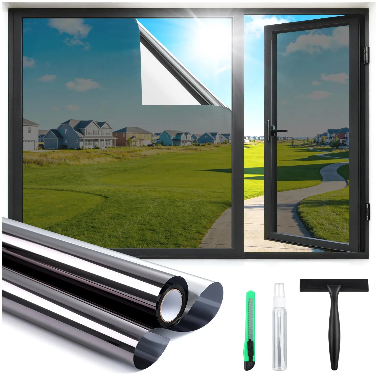 Black Silver Camouflage 1-Way Privacy Window Film - Sun Shade Film, Removable Static Cling Window Tint, Sun Blocking, Heat Control, Anti-UV for Home, 17.5x78.74 Inches, Removable Window Tint