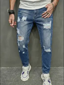 Men's Washed Straight Leg Ripped Jeans, Pants, Streetwear, Outdoor Activities, Casual Loose Fit, Daily Wear Comfort, Ideal Versatile Denim Fabric