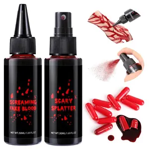 Halloween Fake Blood Kit Spray & Dripping, 1.76oz Each + 10 Capsules, Realistic Washable SFX Fake Blood Makeup for Zombie, Vampire, Monster, Cosplay, Haunted House, Horror, Theatre, Costume, Stage & Pranks, Special effects blood,blood spray,Horror makeup