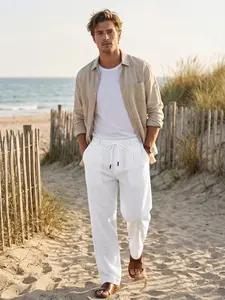 Men's Solid Color Linen Pants, Loose Fit, Regular Fit Wide Leg Trousers for Spring & Fall, Men Bottoms for Daily Wear, Beige, Casual Beach Pants