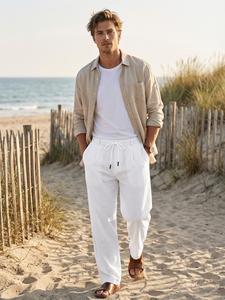 men's solid color linen pants, regular fit casual comfy wide leg trousers for spring & fall, men bottoms for daily wear, relaxed pants, casual streetwear pants