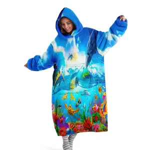 Hooded blanket, wearable blanket, Cozy hooded blanket, ocean coral print hooded wearable blanket, digital printed flannel blanket, soft and warm blanket suitable for sofa cover, air conditioning blanket, nap blanket, camping trip