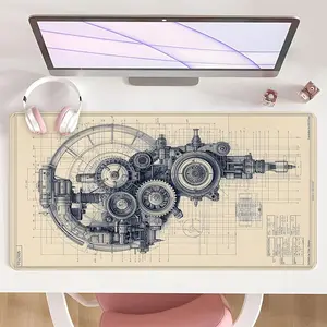 [Mouse Desk Pad] Non-Slip Mouse Pad Large Gaming Mouse Pad With Rubber Base & Stitched Edge Steampunk Gears Vintage Blueprint Design Desk Top Protector Mat For Home Office Use And Holiday Gifts