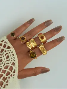 Women's Sunflower Tiger Eye Stone Ring Set, Stackable Rings, Unique Design Jewelry Gift for Women, Perfect for Daily Wear & Special Occasions