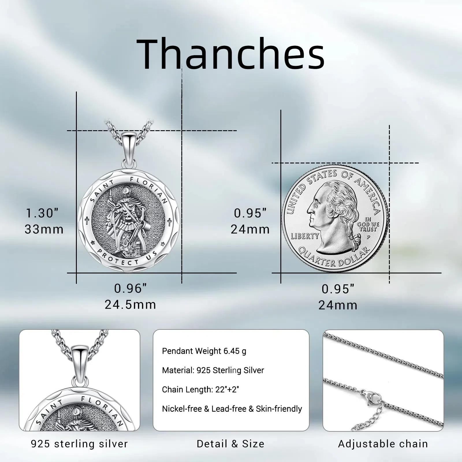 Thanches Saint Florian Necklace 925 Sterling Silver Medal Cross Religious Pendant Amulet for Men Women Accessory Firefighter Protection Jewelry Gift