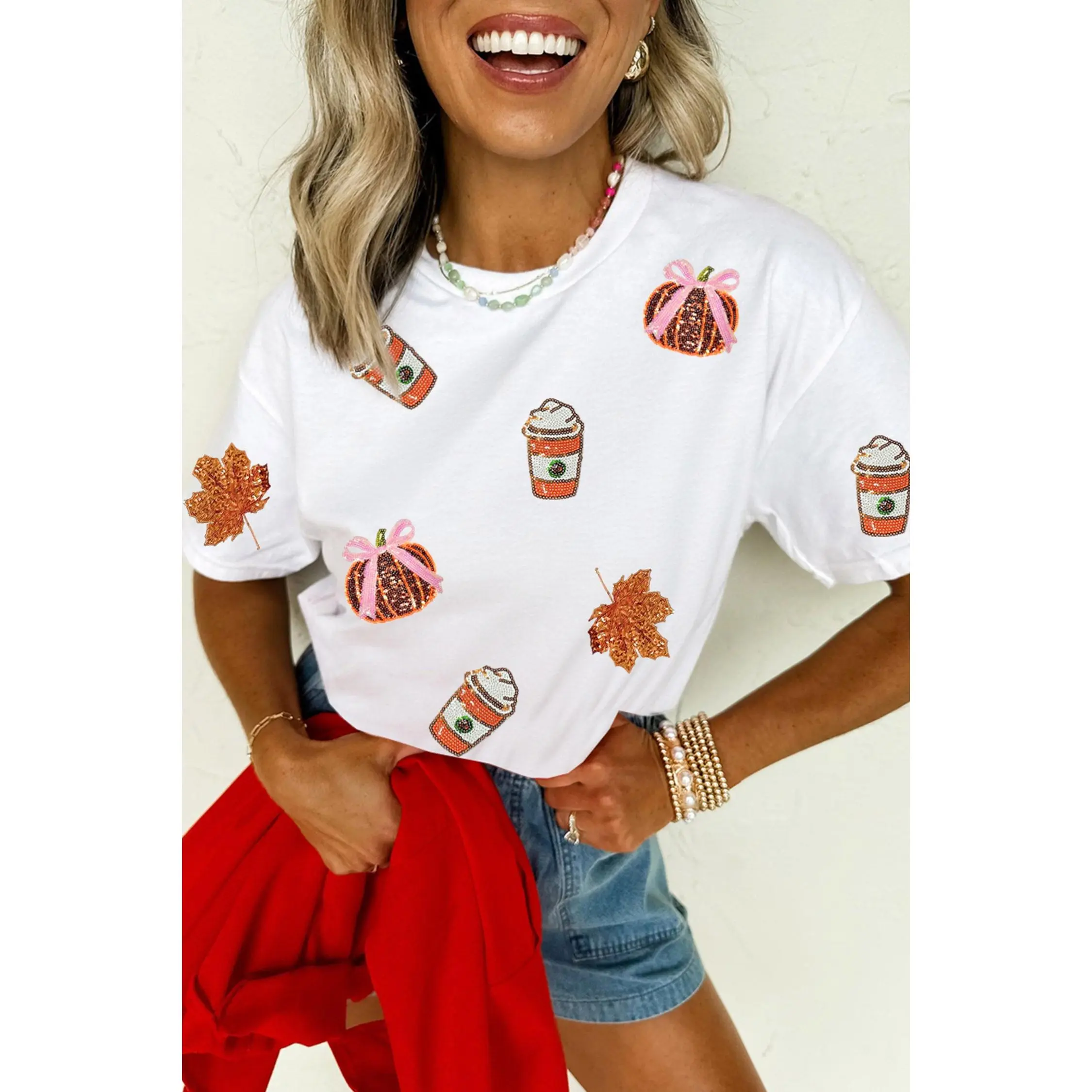 White Sequined Pumpkin Fall Graphic Casual Shift T Shirt