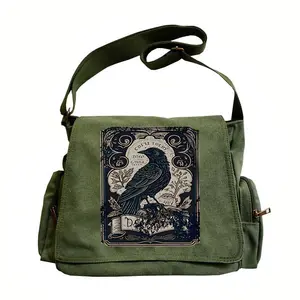 Large-capacity shoulder bag with crow print, vintage flap tote crossbody bag, unisex messenger bag—suitable for various needs like shopping, travel, and dining out; an excellent gift choice.
