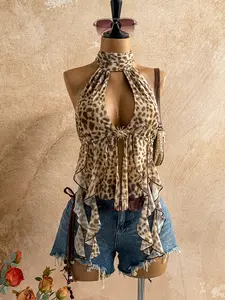 Women's Leopard Print Scarf Backless Bow Tie Top, Boho Style, Suitable for Beach, Holiday, Wedding, Music Festival, All Seasons