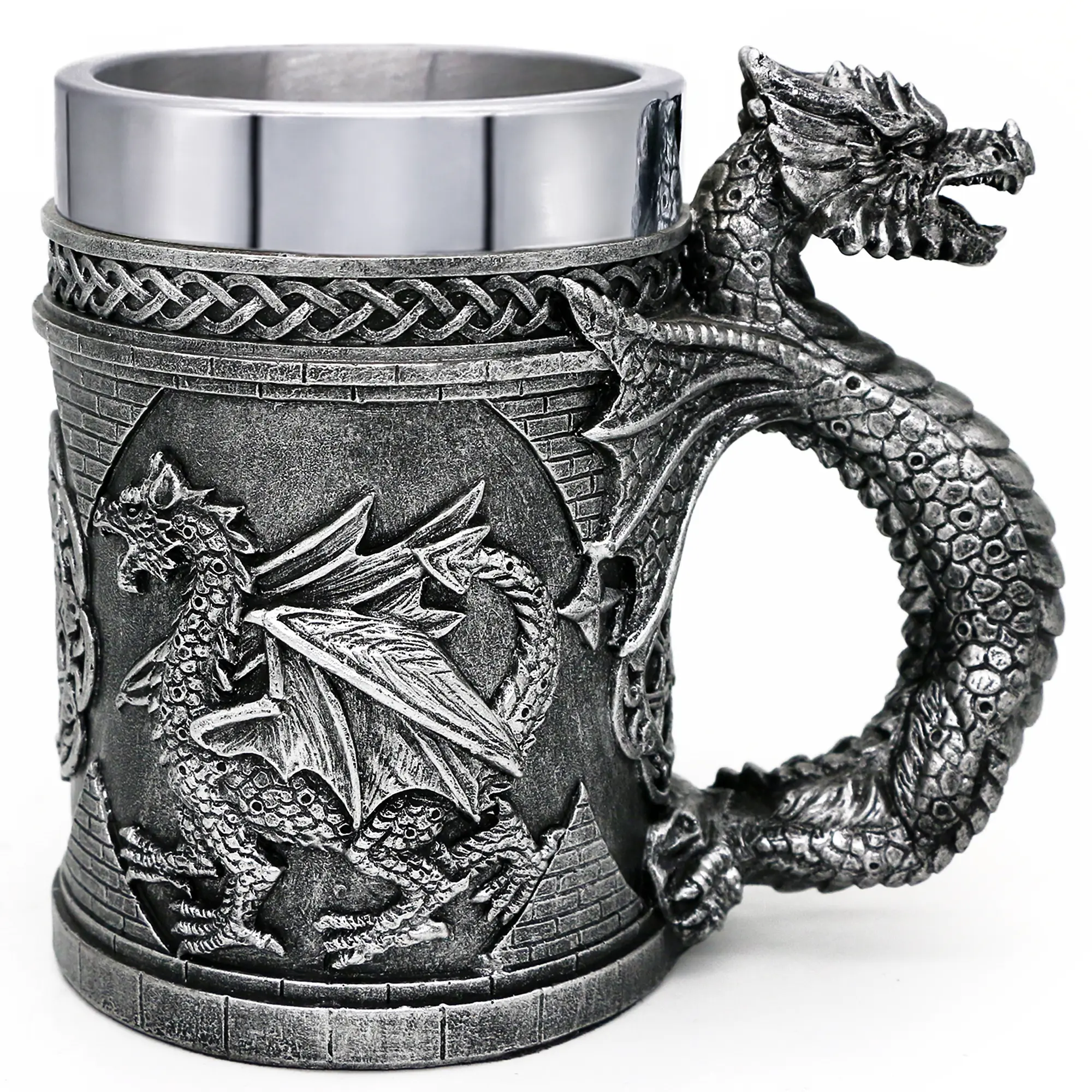 21oz Capacity Reusable Washable Dragon Mug - 6.2" x 4" x 5.9" Medieval D&D Resin-Embossed Stainless Steel Viking Cup, Game of Thrones Merchandise, Coffee/Beer Drinkware Gift for Collectibles Enthusiasts