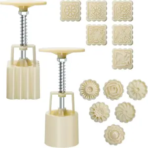 Moon Cake Mould 50g, 12 PCS Pattern Hand-Pressure Mooncake Molds for Mid-Autumn DIY Pastry Tool 2 Set with 6pcs Round Flower Mooncake Mode and 6 Pcs Square Pattern Mooncake Mould (White, 50g)