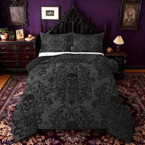 Feelyou Gothic Skull Damask Digital Print Bed Comforter Set - Microfiber Soft Breathable Fabric Duvet, Blankets Included, Multi-Size Sets for Adults